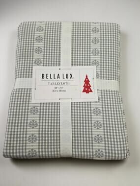 Bella Lux Christmas Tablecloth 60x84 Gray Gingham Snowflake Metallic Holiday